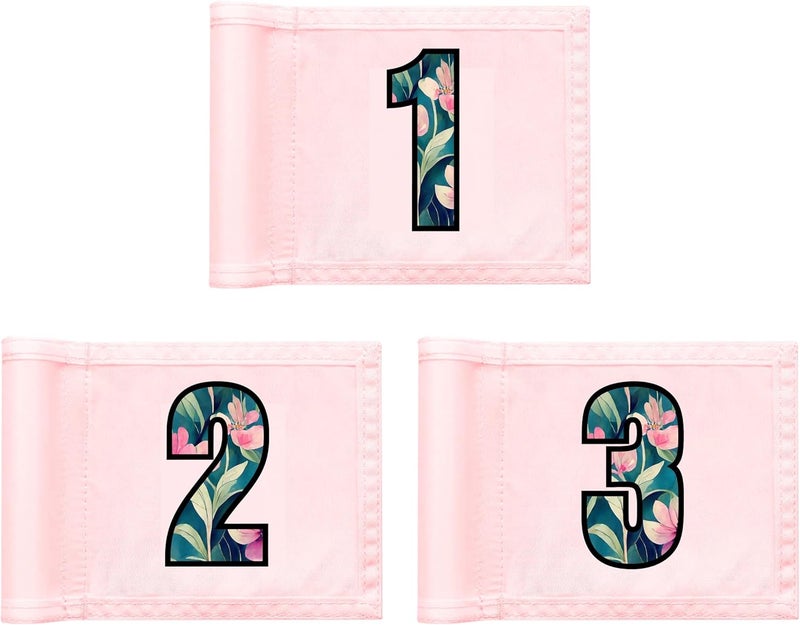 WATSY Golf Flag 8x6 Inch – 420D Nylon Double-Sided Mini Pin Flag with Tube Inset, Practice Putting Green Flags for Yard (Numbered Pink - Set of 3) - Image 1